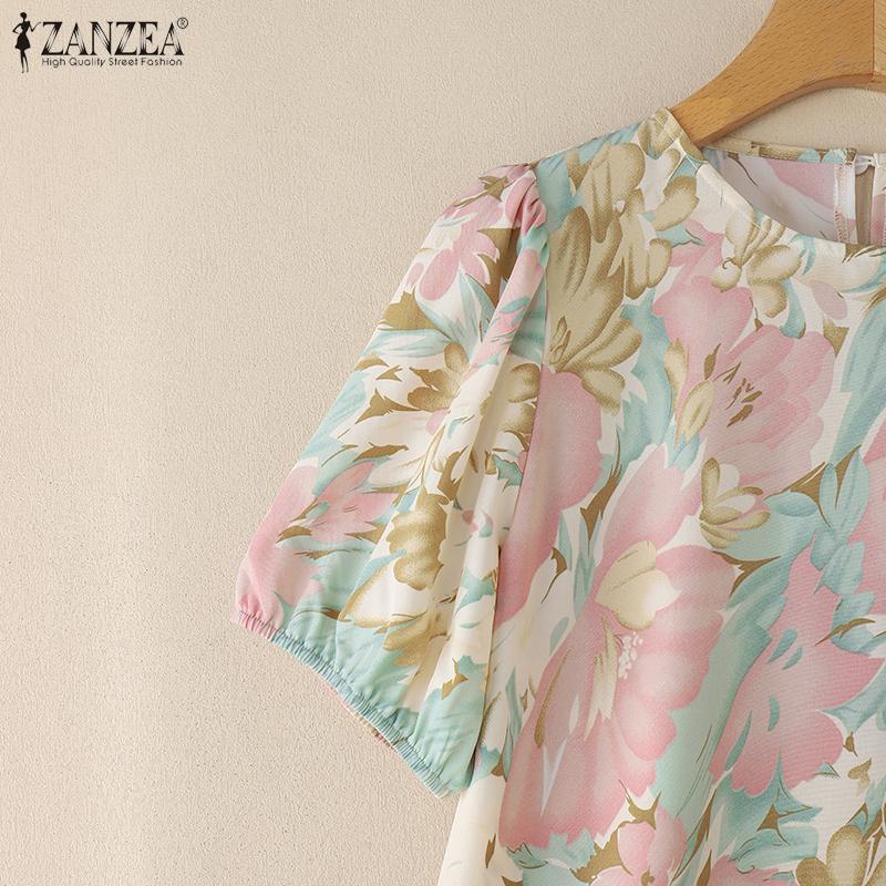 ZANZEA Dámské letní ležérní šaty s kulatým výstřihem a krátkým rukávem s květinovým vzorem