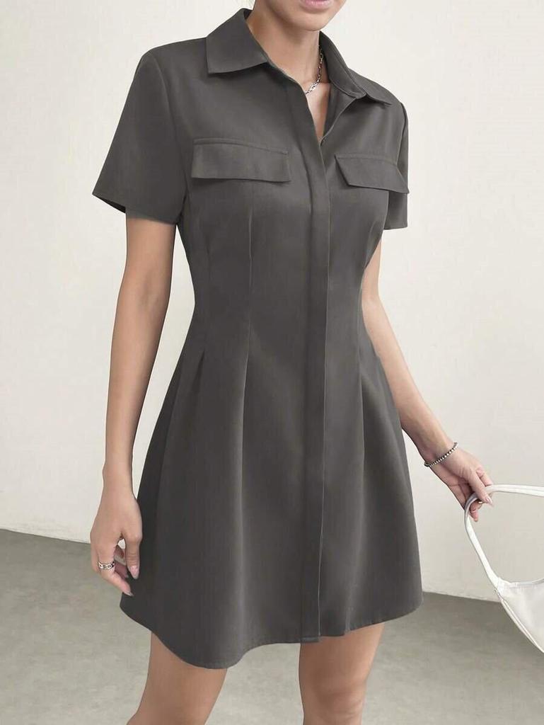 European and American Mid-length Pleated Waist Turn-down Collar Shirt Dress