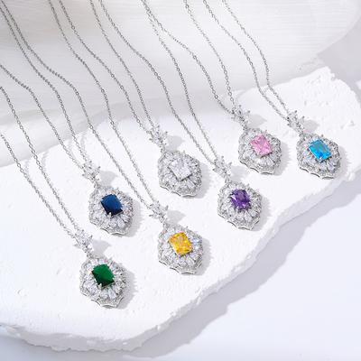 Luxury High Carbon Diamond Inlaid Diamond Rhombus Pendant Sea Blue Ice Flower Cut Trend Necklace Jewelry Spot