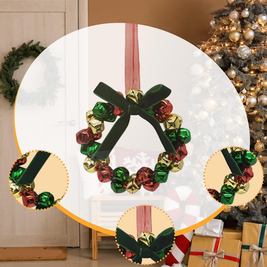 Holiday Scene Christmas Wreath Metal Artificial Bells Bowknot Hanging Decoration for Window Front Door Kitchen Home Wall
