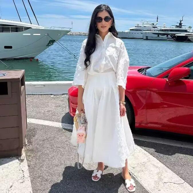 European & American Style Women's Tassel Feather Shirt and Midi Skirt Set