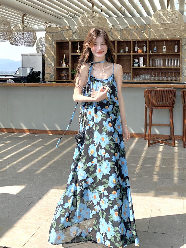 French Blue Floral Strappy Maxi Dress - Summer 2026 Women's Unique Design