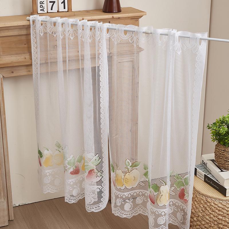 European Style Fruit Print Lace Curtains - White, Knitted, Half Length, Dustproof for Kitchen Doors and Cupboards