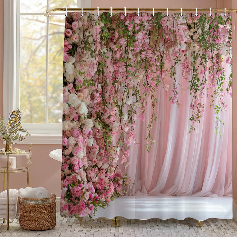 Rose Floral Pink Curtain Shower Curtain,Flowers Bathroom Decorative Shower Curtain, Printed Polyester Curtain with Hooks
