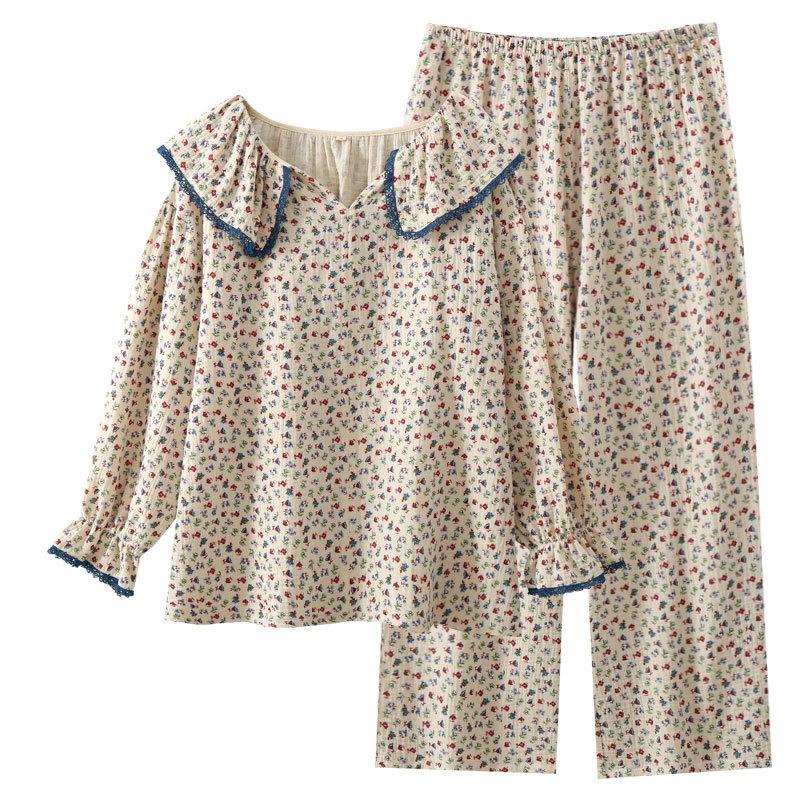 Pajamas women's Class A pure cotton double-layer cotton crepe Korean version, autumn new loose and comfortable loungewear set