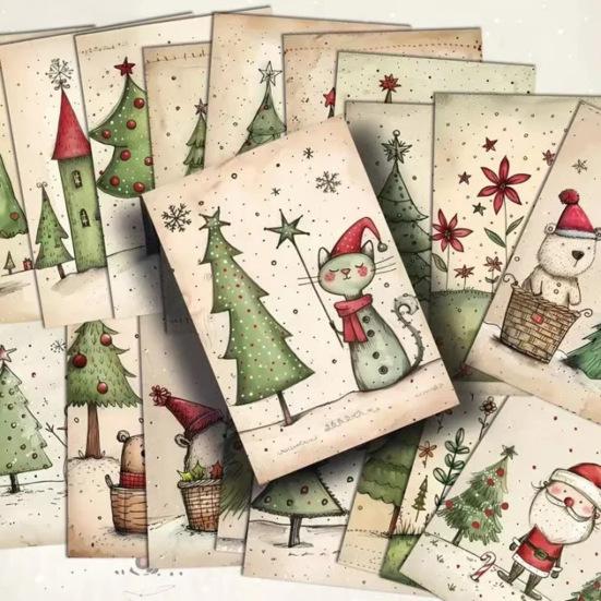 20 Sheets Christmas Postcard Vintage Xmas Tree Cat Gingerbread Man Snowman Reindeer Greeting Card for Winter Party Supplies
