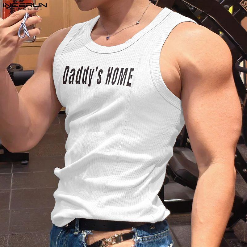 INCERUN Summer Men Sleeveless Print Ribbed Casual Sport Tank Tops Vest