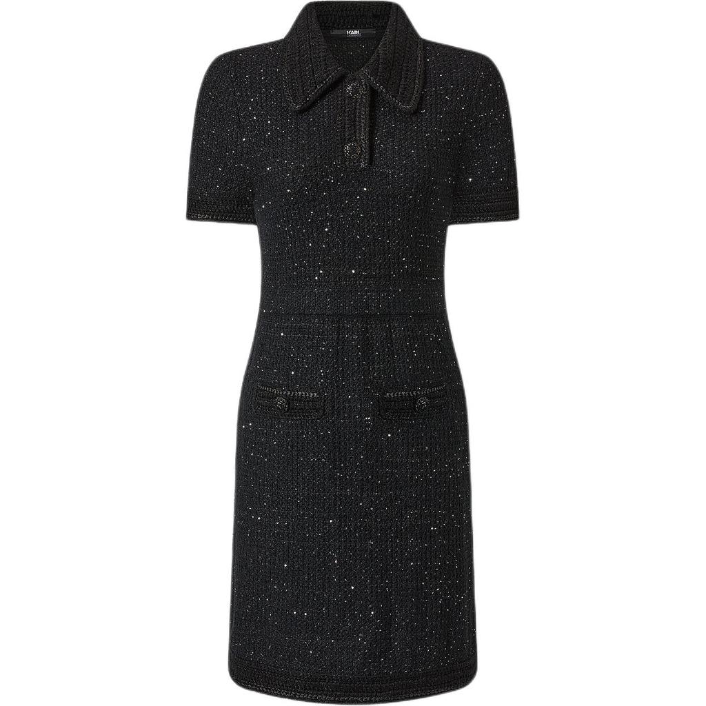 Karl Lagerfeld Minimalist Versatile Travel Solid Color Button Knit Short Sleeve Dress Women Dresses Black 236L1330
