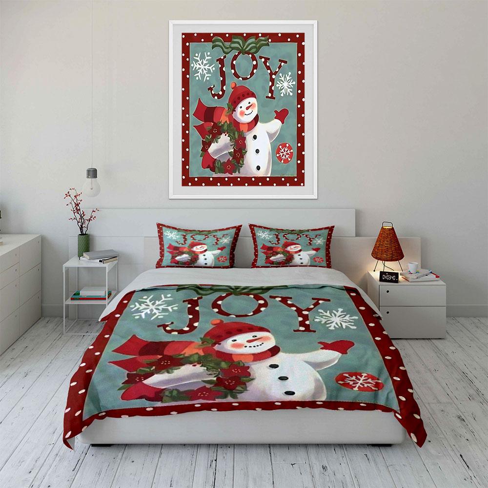 Snowman with Joy & Wreath Bedding Duvet Cover Set Duvet Cover Pillowcases (1*Duvet Cover 2*Pillowcases, without duvet insert)