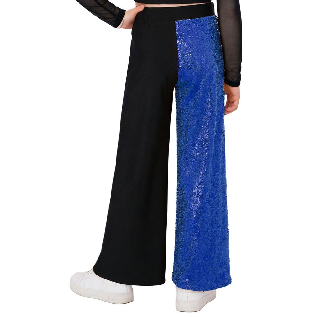 Girls Sequins Patchwork Pants Elastic Waist Color Block Dance Trousers Hip Hop Jazz Outfit