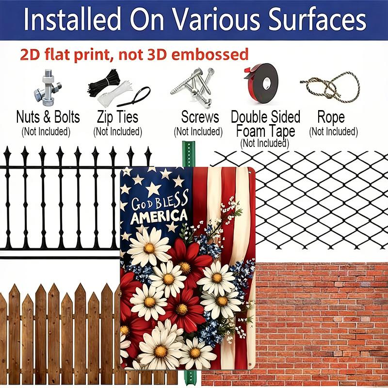 2D Flat Decorative 8×12 Inch Aluminum Plaque Metal Sign | God Bless America Patriotic Floral Design; Ideal for Patriotic Home & Outdoor Wall Decor
