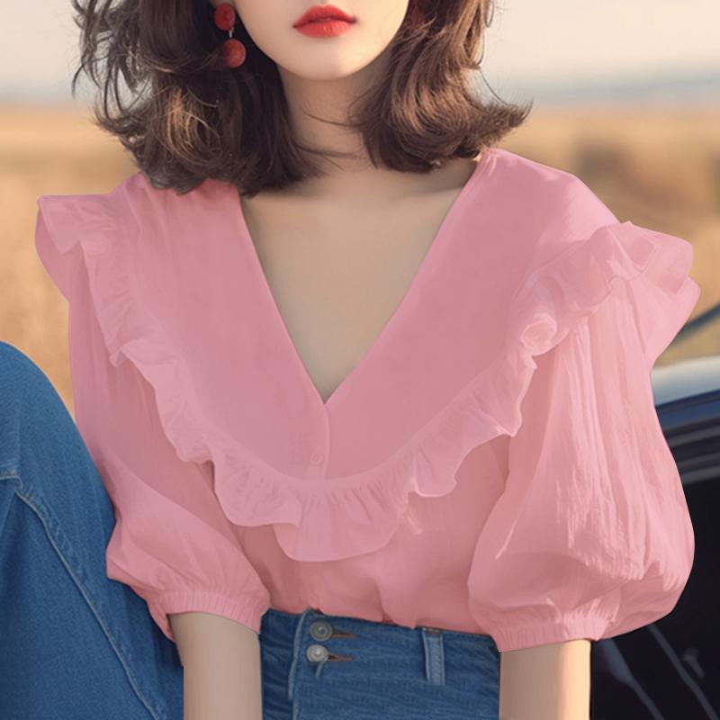 

VONDA Женские летние блузки с короткими рукавами и оборками, V-образным вырезом и буфами S розовый