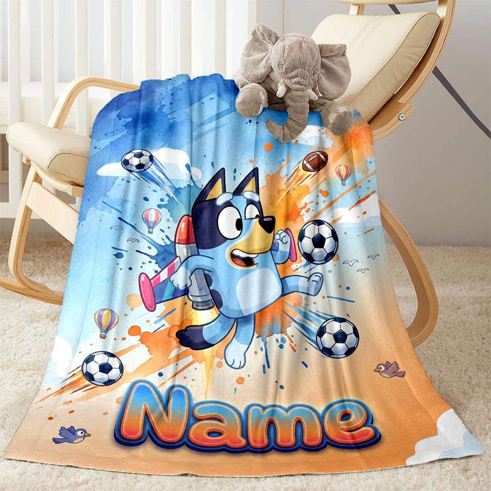 Soccer Fun Bluey Personalized Name Blanket Throw Customizable Blanket Comfortable Versatile for Living Room Seaside Sofa Picnics Ideal for All Seasons