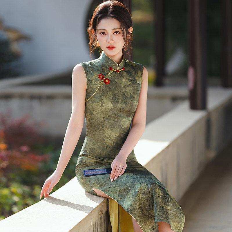 Green sleeveless national style new Chinese daily Suzhou long cheongsam improved young 1011 new women's high sense