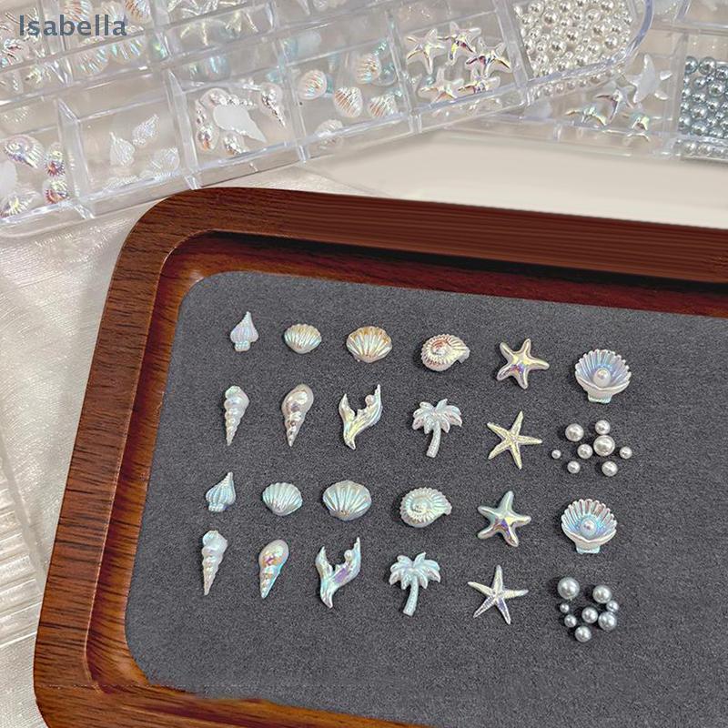 12 Grids/Box 3D Starfish And Shell Nail Art Decorations, Aurora Seashell And Palm Tree DIY Nail Rhinestone Accessories