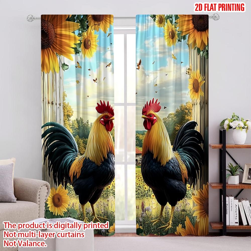 2Pcs Farmhouse Style Curtains Chicken And Sunflower Print Rod Pocket Window Treatments Rustic Drapes Design For Privacy