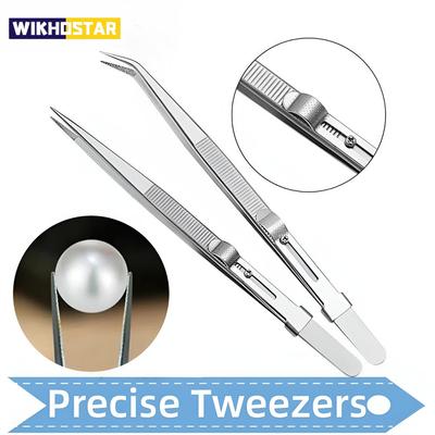 Professional Stainless Steel Tweezers Adjustable with Buckle Slide Lock Antistatic for Diamond Gem Jewelry Making Precision Tool