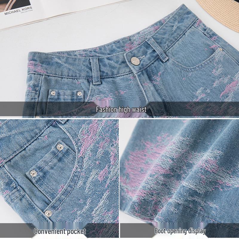 Women's Jacquard Embroidered Wide-Leg Denim Shorts - New 2026 Loose Drape Summer Design Four-Point Pants
