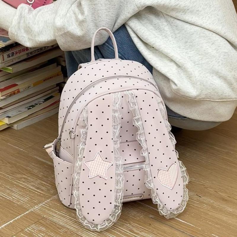 Polka Dot Rabbit Ear Backpack With Lace Trim Women Lolita Style Lightweight Shoulder Bag Student Nylon Cute Soft Zipper Handbag