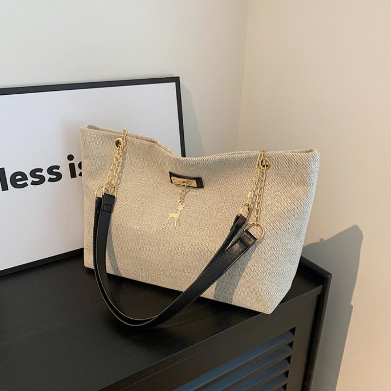 Large Capacity Canvas Shoulder Bag with Leather Strap, Casual Versatile Tote Bag with Deer Charm Crossbody Bag for Women Commute