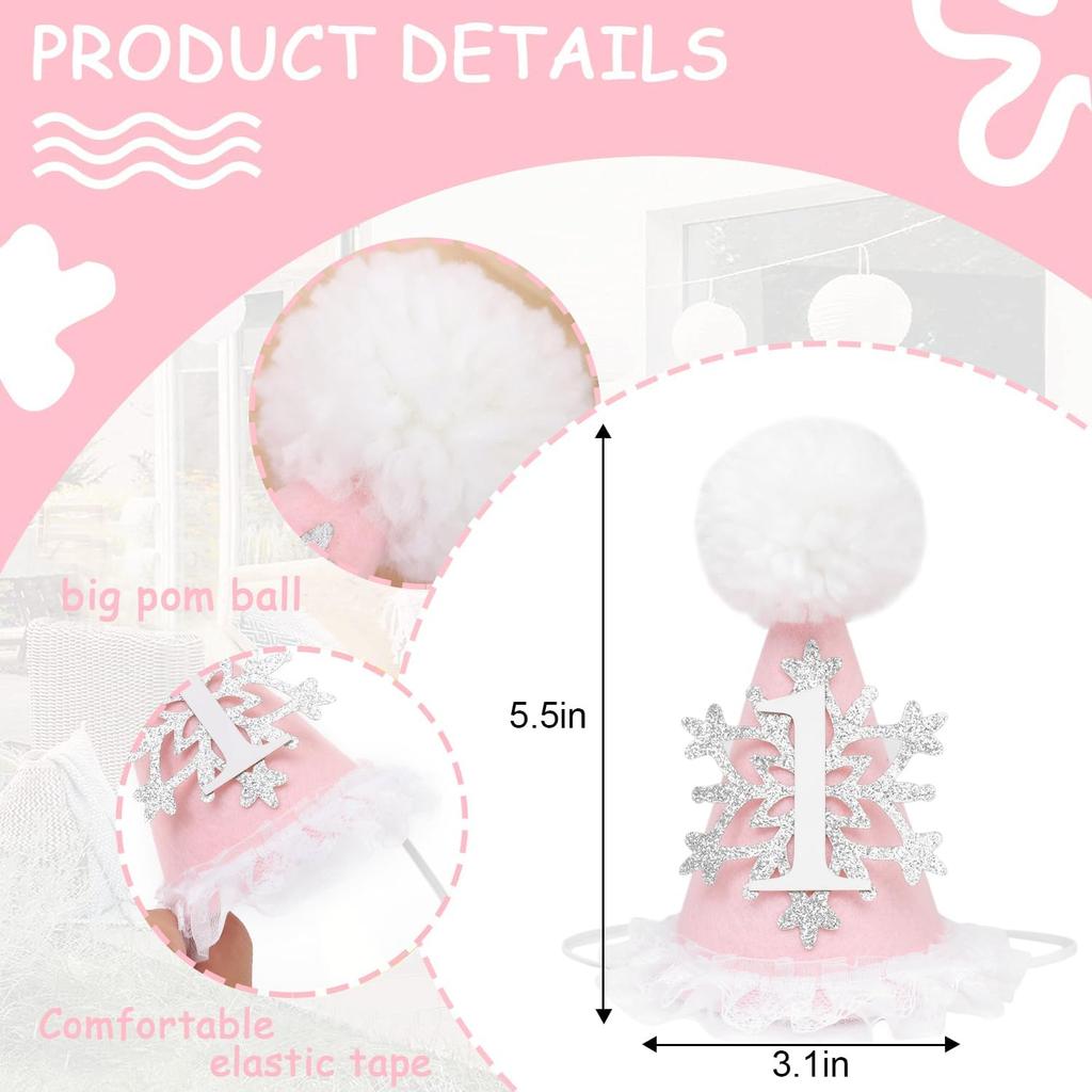 Winter Onederland 1st Birthday Hat - Pink Snowflake First Birthday Cone Hat, Winter Wonderland Party Supplies Decor for Girl, Snowflake Photo Props