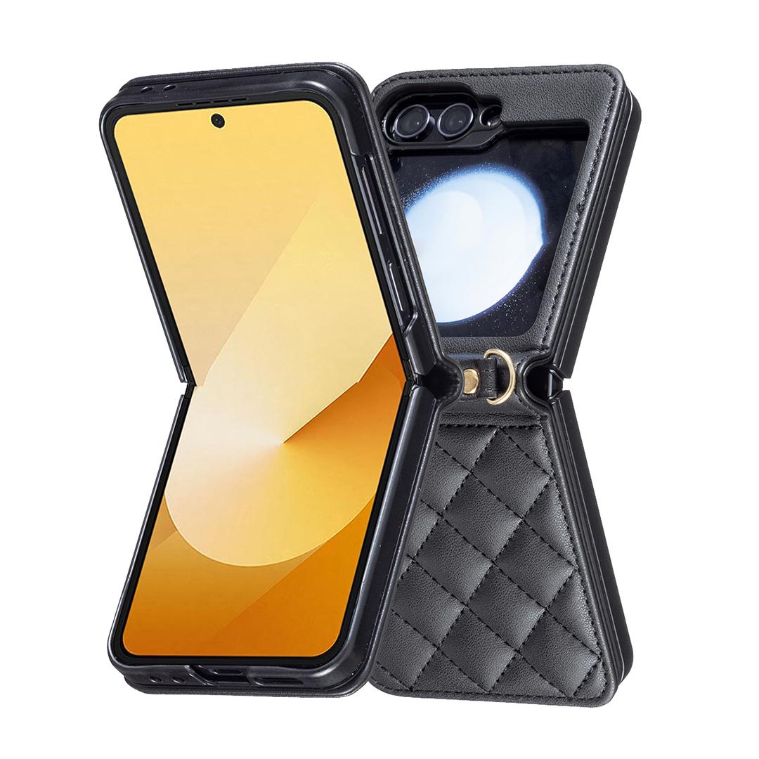 

For Samsung Galaxy Z Flip6 5G/Z Flip5 5G Leather Back Case Rhombus Phone Cover with Shoulder Strap Black
