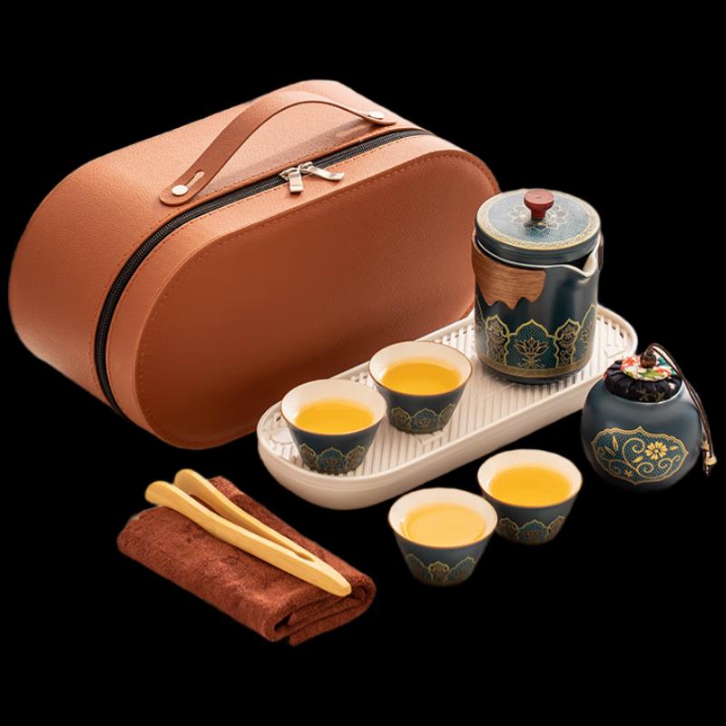 Woding Портативный керамический дорожный чайный набор Gu Ming Series, Oval Brown Leather Bag небесно-голубой