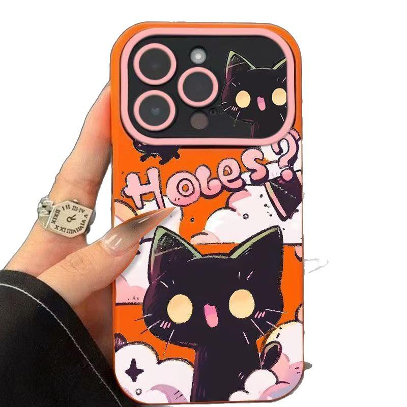 Cartoon Black Cat 17 Pro Max Apple Phone Case: Soft, Full Coverage, Large Window Design for Models 15, 16, and 14.