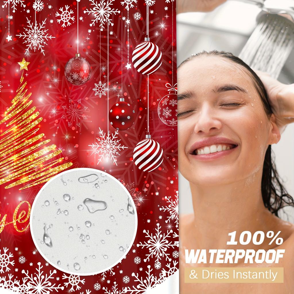 4Pcs Bathroom Shower Curtain Set Merry Christmas  Balls Xmas Pattern Bathroom Curtain With 12 Hooks Non Slip Rugs Toilet Cover Mat Bathroom Partition