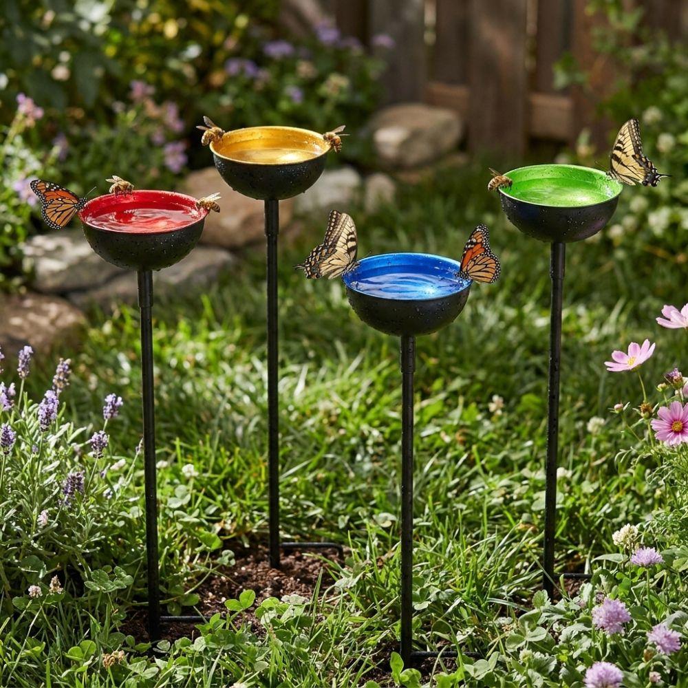 Ground Insert Butterfly Bath Bowl Rustproof Garden Rain Catcher  Yard Art Decor
