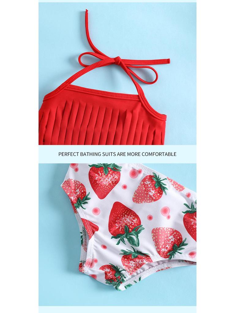 Maiô Vermelho de 3 Peças com Estampa de Morango e Franja para Meninas