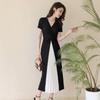 [Spot] Summer new women's French temperament short-sleeved V-neck splicing waist long holiday style dress