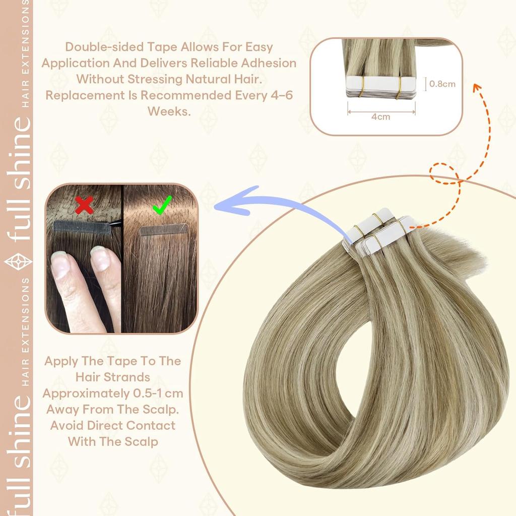 Extensiones de Cabello Cinta Doble Cara Invisible Cabello Chino Remy Rubio Dorado/Miel Liso Suave Sedoso