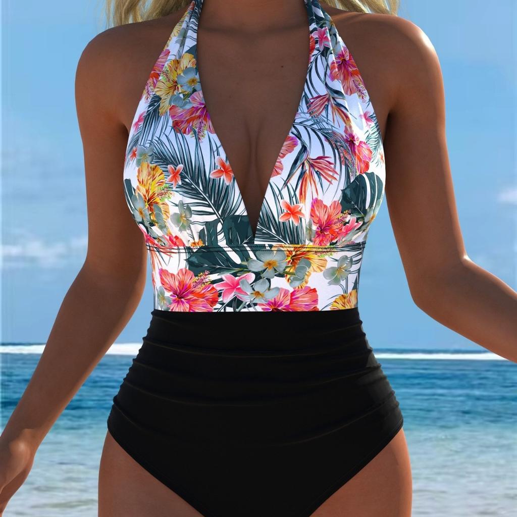 New European and American Style Leopard Print One-piece Swimsuit Women's Deep V Neck High Waist Thin Backless Beach Vacation Swimsuit