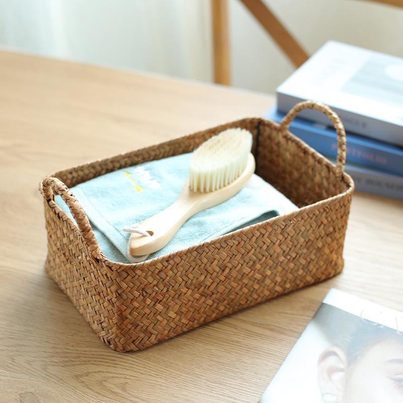 Japanese Straw-Woven Storage Basket for Snacks, TV Accessories, Cosmetics, and Masks