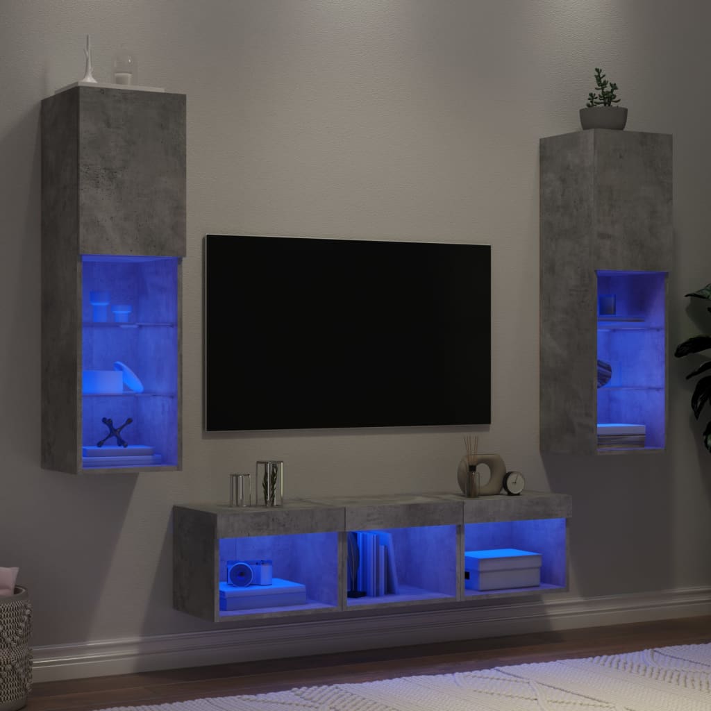 5 Piece Living Room Wall Unit with LED Lighting Concrete Grey Particleboard