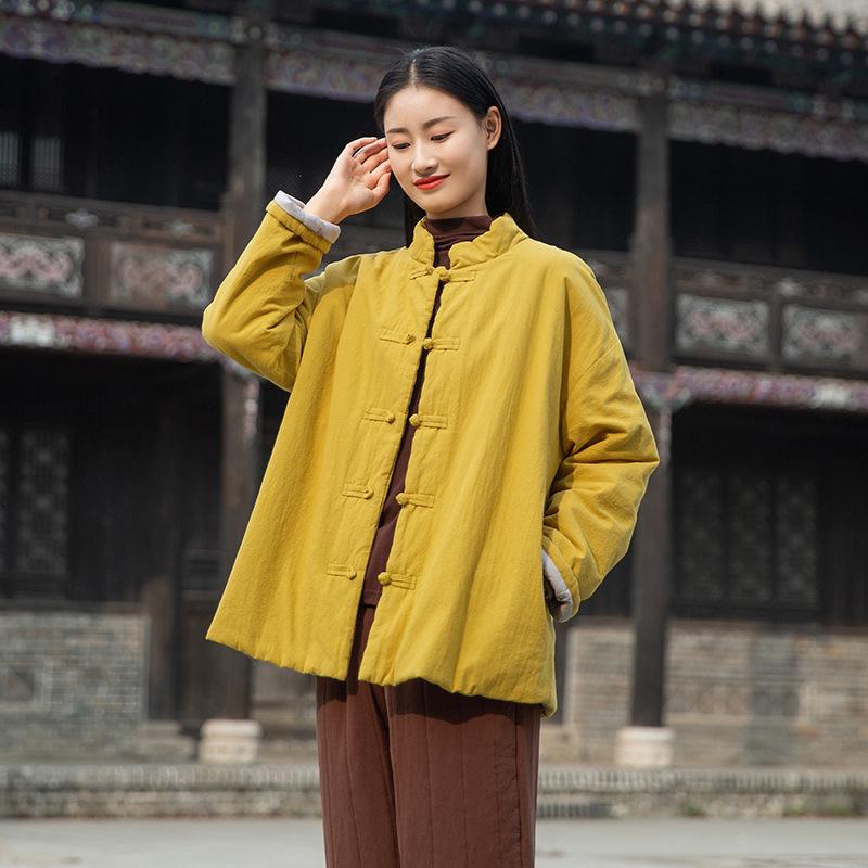 Winter Retro Chinese Cotton-Linen Women’s Coat - Solid Color, Stand Collar, Frog Button, Thickened Warm Jacket
