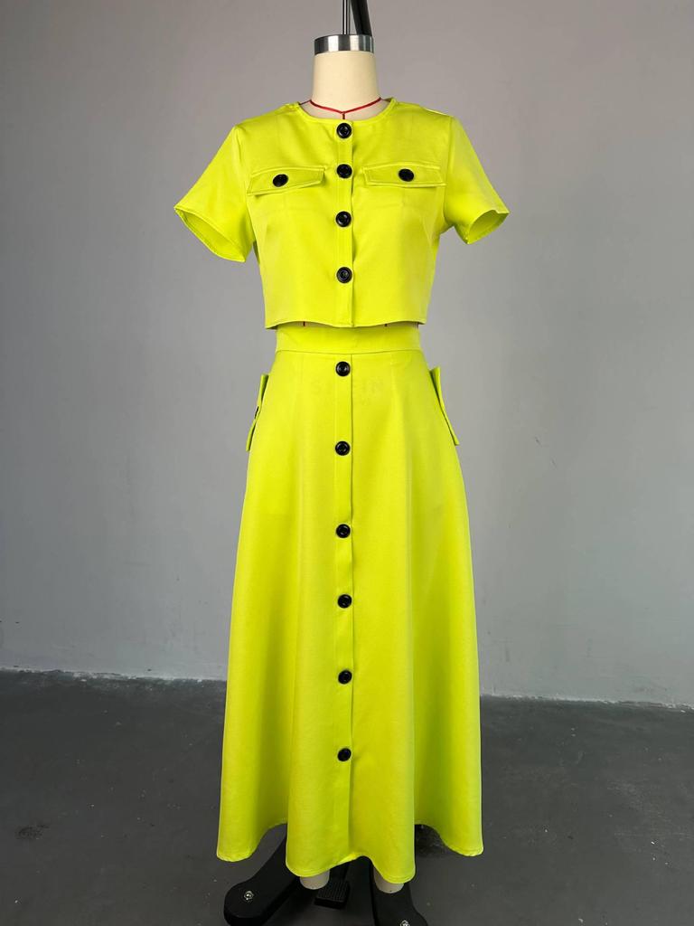 Set de top cu gât rotund și fustă cu nasturi cu talie înaltă de vară 2024 pentru femei