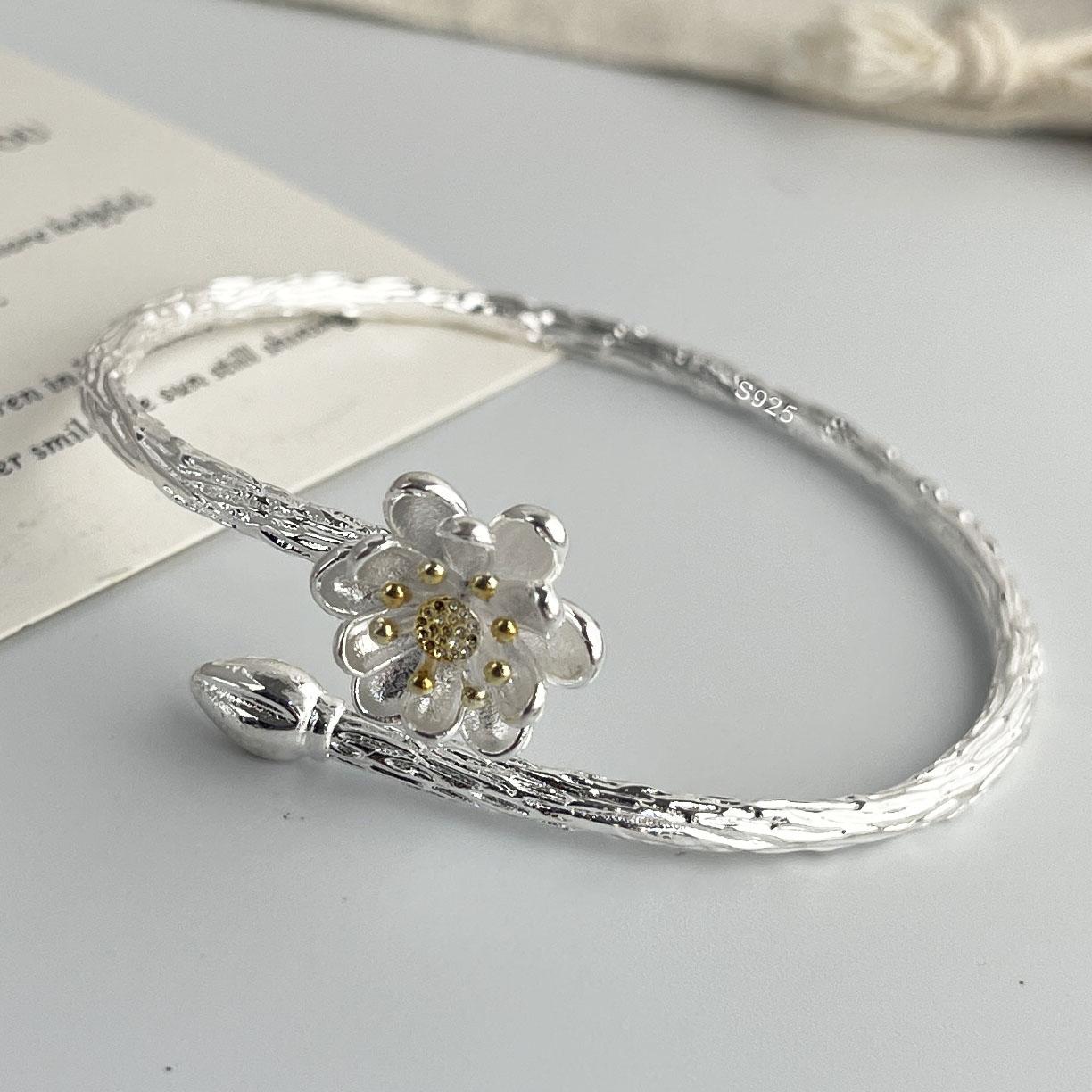 

100% Solid 925 Sterling Silver Metal Bracelet for Women FLower Handmade Simple Wide Heart Chain Bracelet Birthday Gift Party