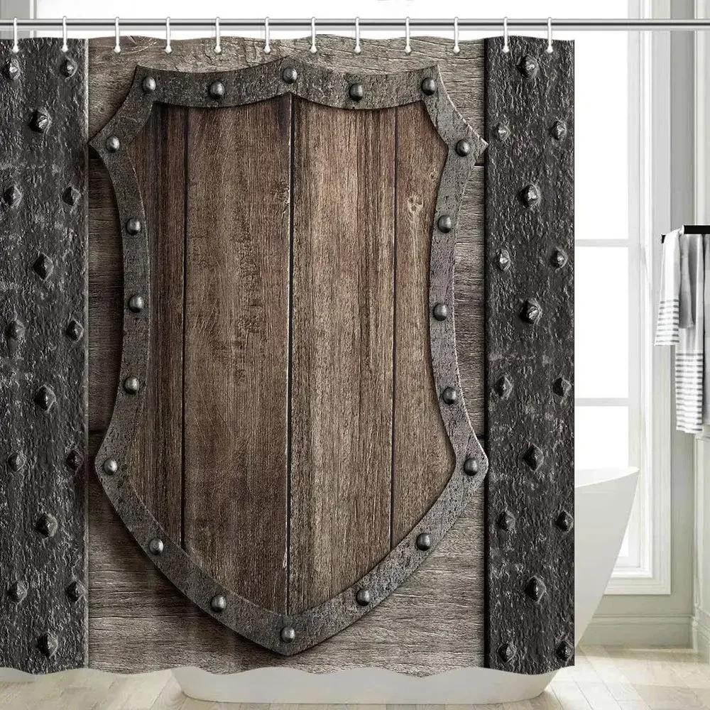 Medieval Shower Curtain,Rustic Wood Shield On Medieval Castle Gate Bath Curtain,Wooden Door Historical Vintage Home Bathroom Set