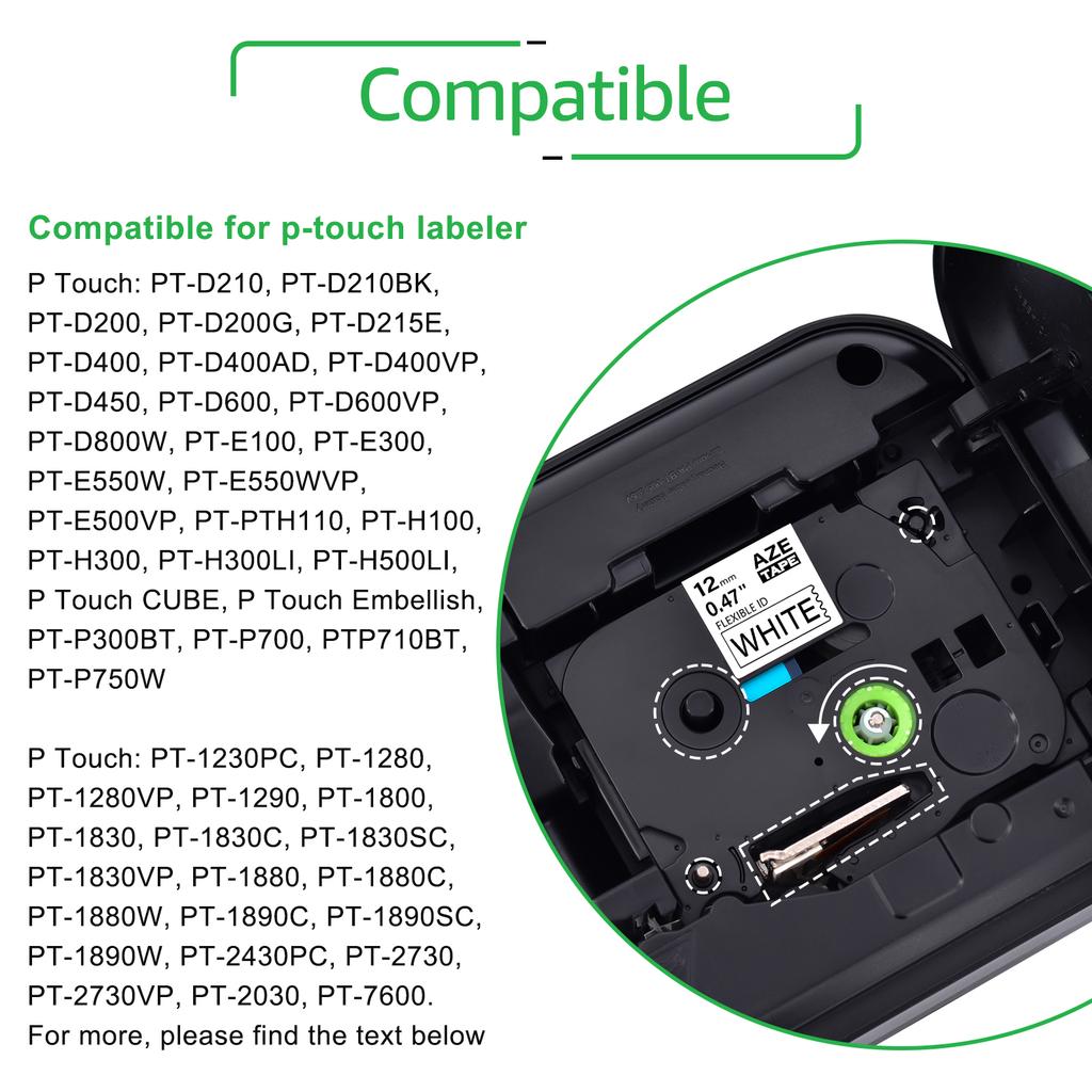 5PK 12mm Black On White Flexible ID Laminat Tape Compatible Brother Tz TZe-FX231 Lable Tape for P-Touch PT-1010B Label Printers
