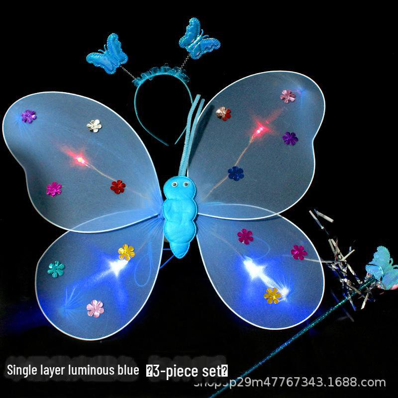 Children's Glow Angel Costume: Girl's Gauze Skirt with Flashing Wings and 20-Light Butterfly Design, 3-Piece Set.