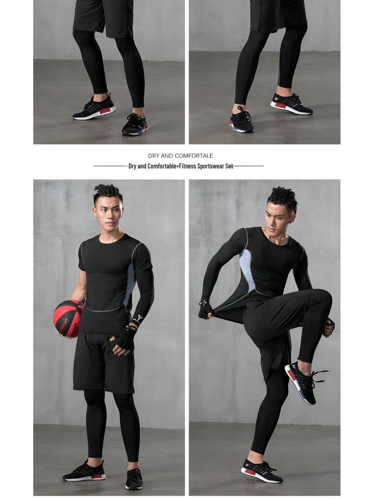 Schnelltrocknendes Kompressions-Sportset für Herren: Sommer Kurzarm-Top & Tights zum Laufen, Trainieren und Basketballspielen.