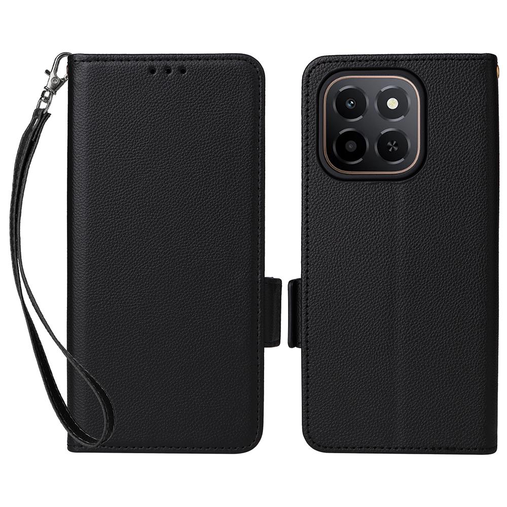 For Honor X6c 4G Case with Wrist Strap Litchi Texture PU Leather Wallet Phone Cover