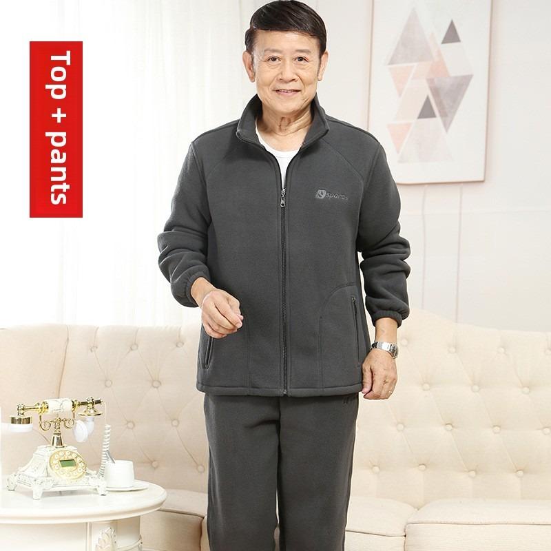 

Костюмы для мужчин среднего и пожилого возраста, флисовая куртка на осень и зиму, а также флисовый свитер и брюки M темно серый