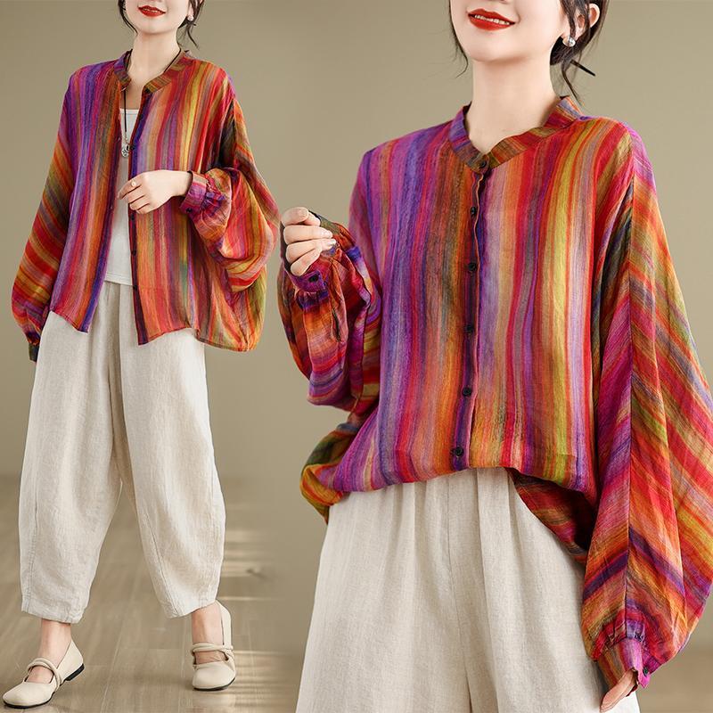 Spring Autumn New Round Neck Long Sleeve Fashion Shirt Women Casual Striped Patchwork Button Cardigan Elegant Cotton Hemp Tops