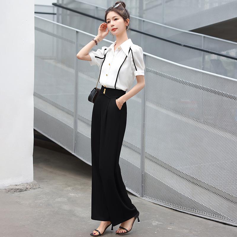 Fashion suit women's long-sleeved shirt summer new quality shirt thin wide-leg pants two-piece set trendy