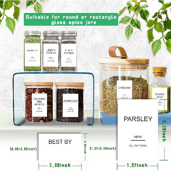 191 Spice Jar Labels Preprinted Minimalist Stickers - White Waterproof Label - Fit Round or Rectangle Spice Jars - Herb Seasoning Kitchen Pantry