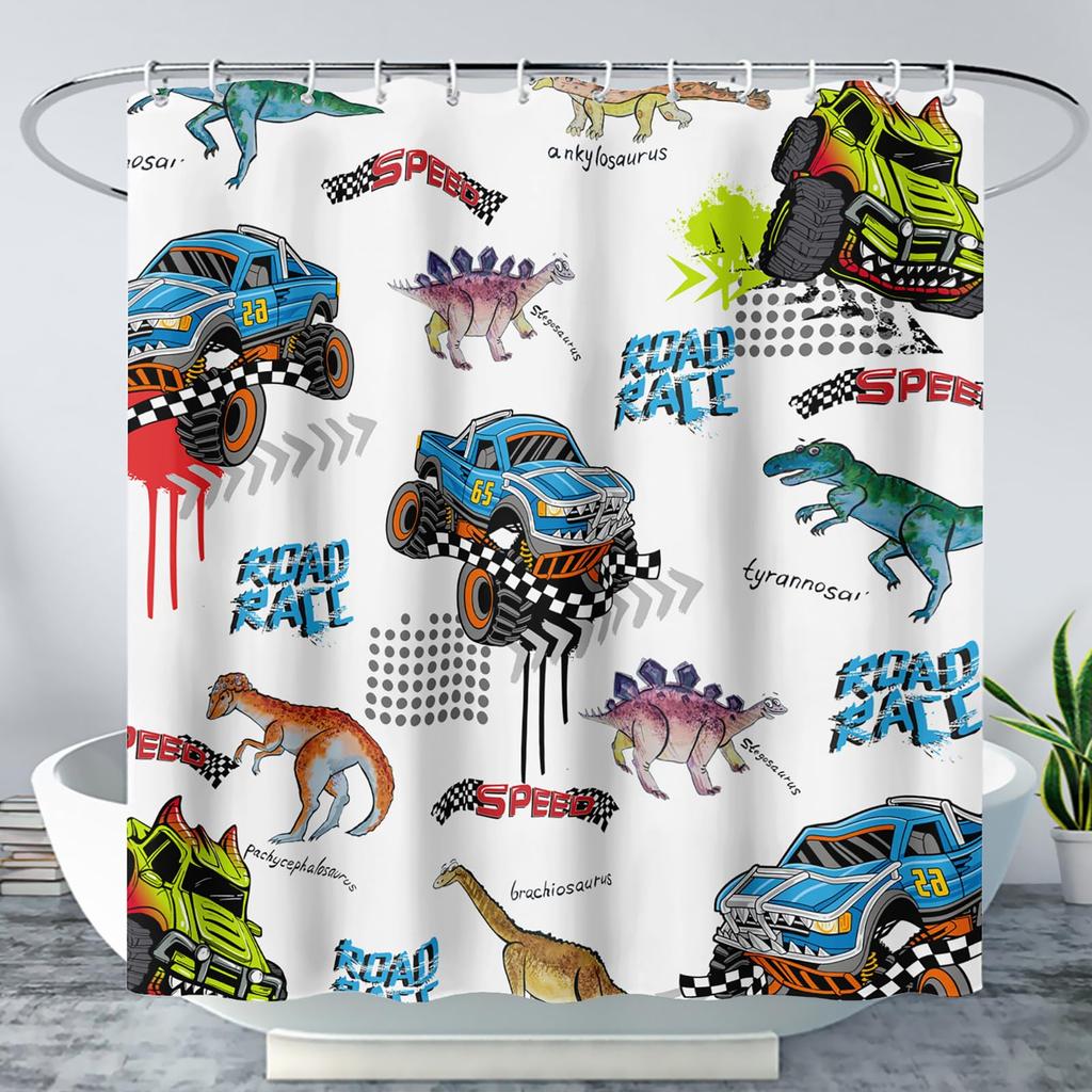 Boys' Dinosaur Monster Truck Shower Curtain Speed Racing Cars with Dinosaurs Print Waterproof Fabric Bath Curtain with Hooks