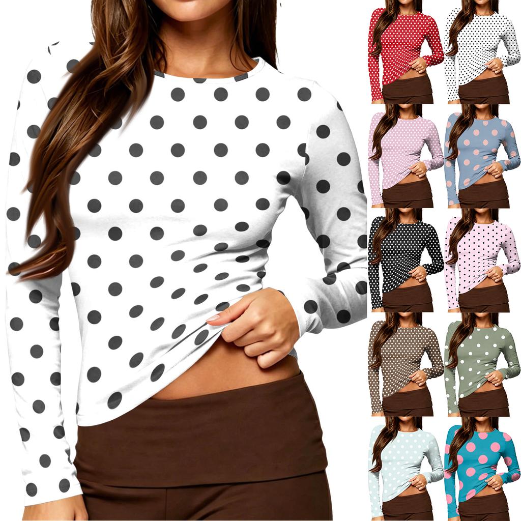 Women's Casual Long Sleeve Polka Dot Print Round Neck Slim Fit Top